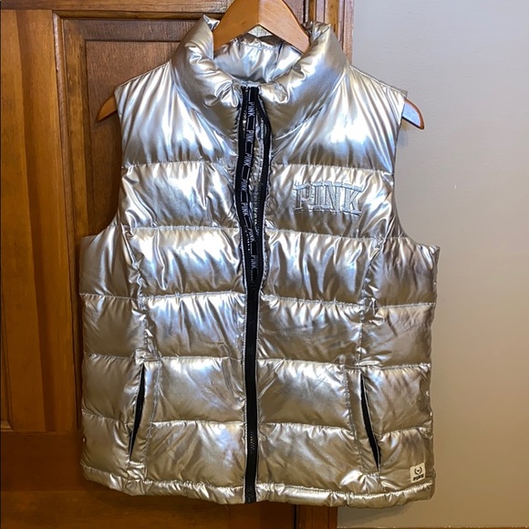 PINK Victoria's Secret Jackets & Blazers - Victoria’s Secret PINK Silver Metallic Puffer Vest